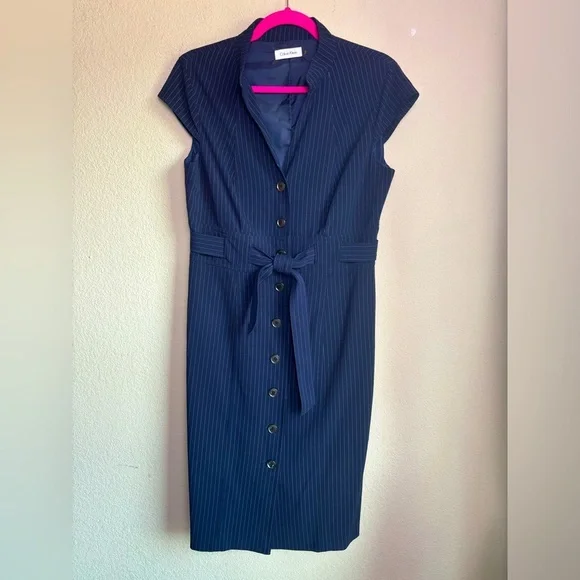 Calvin Klein | Dresses | Calvin Klein Navy Blue Pinstripe Belted Midi Cap  Sleeve Shirt Dress | Poshmark